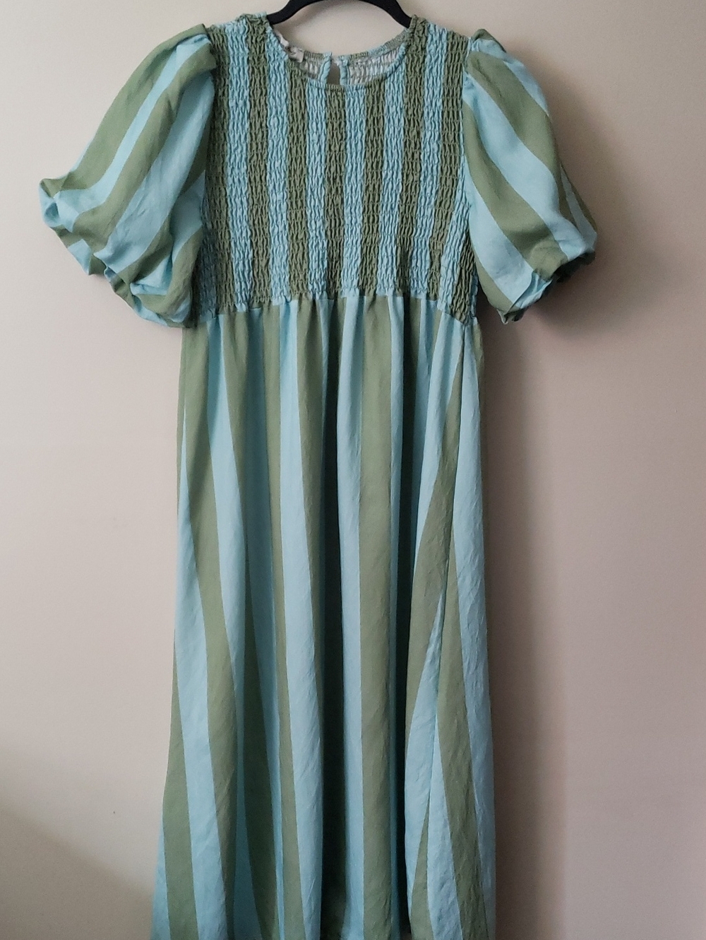 Italian Made Smocked Puff-Sleeve Midi Dress in Light Blue & Sage Green